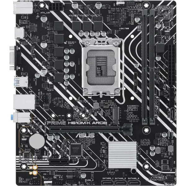 Asus Prime H610M-K ARGB Micro-ATX Motherboard, Intel H610 LGA1700, DDR5, PCIe 4.0, 32Gbps M.2, Realtek 1Gb Ethernet, HDMI and VGA, USB 3.2 Gen 1, SATA 6Gbps, Aura Sync