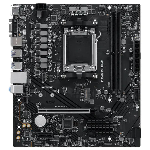 MSI PRO A620AM-B EVO Motherboard, Socket AM5, AMD A620A Chipset, DDR5 6800+MT/s OC, PCIe 4.0 x16, Gen 4 x4 M.2, 2.5G LAN, mATX