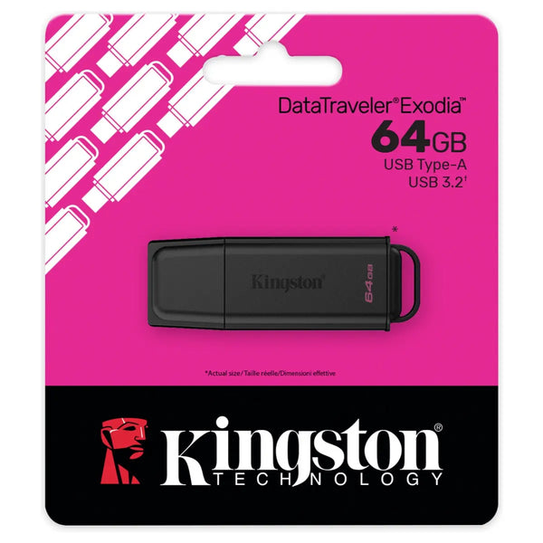 Kingston DataTraveler Exodia USB-A Flash Drive, 64GB Storage, USB 3.2 Gen 1 5Gb/s, Snap-On Cap, Colored Keyring Hole, Timeless Black DTXG2/64GB