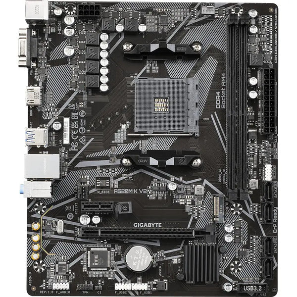 Gigabyte A520M K V2 Motherboard, AMD A520, PCIe Gen3 x4 M.2, Dual Channel DDR4, GbE LAN, 8-Channel HD Audio, HDMI and D-Sub, AM4